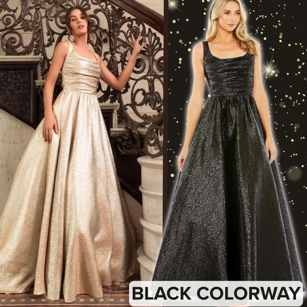$598 MAC‎ DUGGAL Size 4 Black Metallic Brocade Square Neck Long Ball Gown Dress